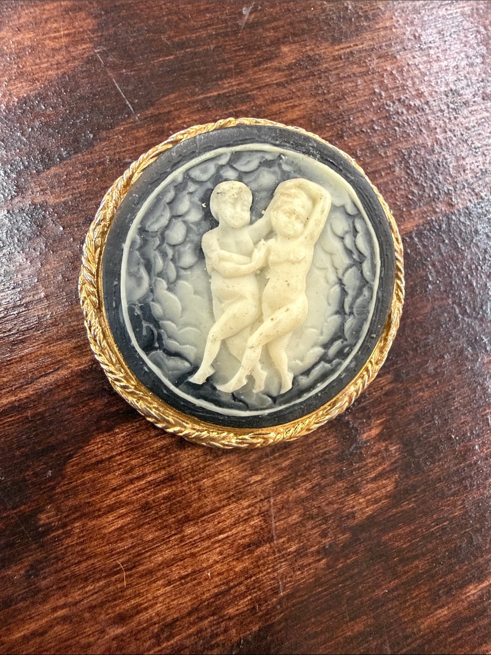 Gold-Trim Black and Cream Cameo Brooch - Classic Women's Jewelry